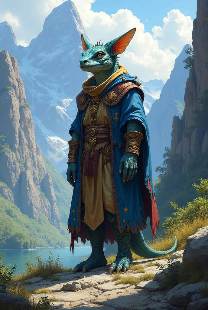 Create an RPG character, he is a kobold druid. Its scales are blue, the background resembles a mountain.
Make the character more humanoid and equip him with druid clothes