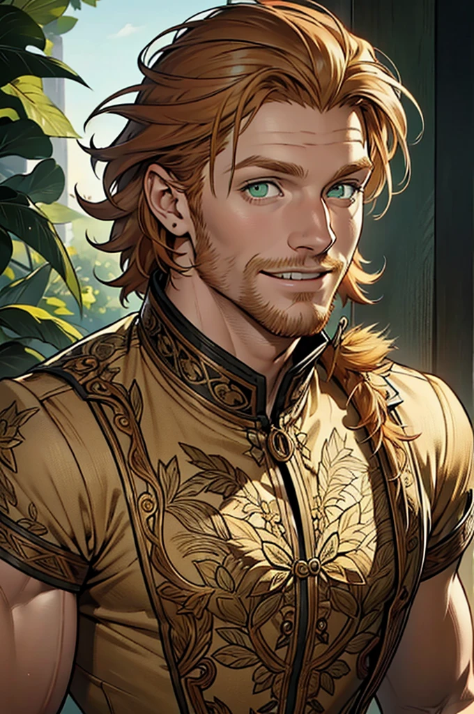 (masterpiece),(Very detailed),(Very detailed),(best quality), perfect lighting, male, muscular, ((short messy ginger hair)), pecs, tall, stunning, beautifull face, green eyes, animated style, perfect face, highest detail, stubble, detailed face, intricate details, smile
