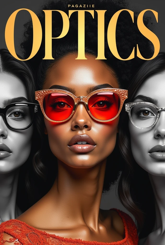 Magazine cover for optics, being three women and only the middle one is painted, with exorbitant red and gold colors, and tidy with the glasses, while the others are in black and white with various models of glasses but none painted either