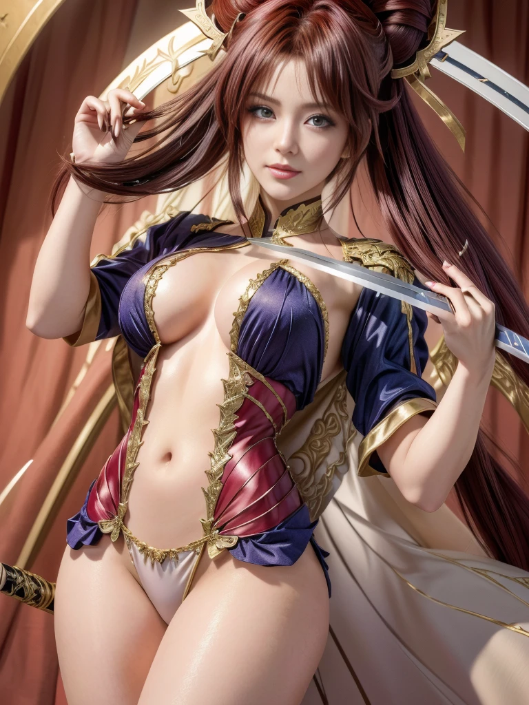 a closeup of a woman in costume with a sword, extremely detailed artegerm, detailed digital anime art, ig model | artegerm, beautiful and seductive anime woman, style artegerm, artegerm on artstation pixiv, artegerm. animated illustration, seductive anime girl, artegerm. High detail, 8K high quality detailed art, deep crimson hair