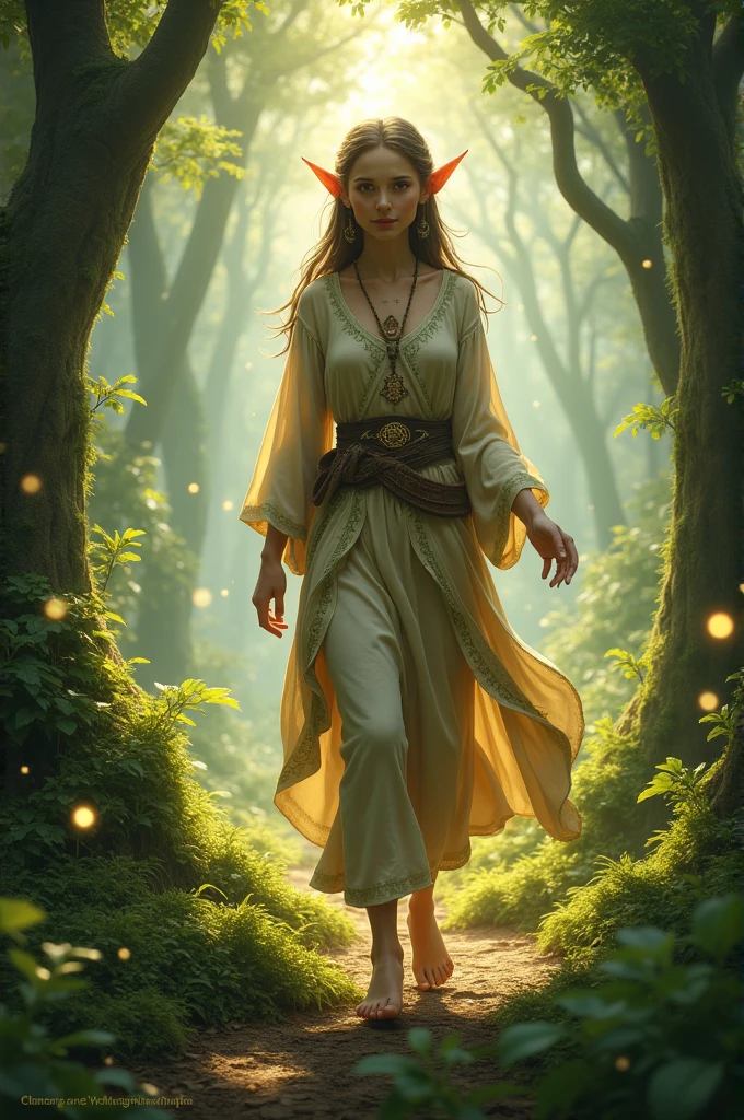 Elf in the book walking through the forest
