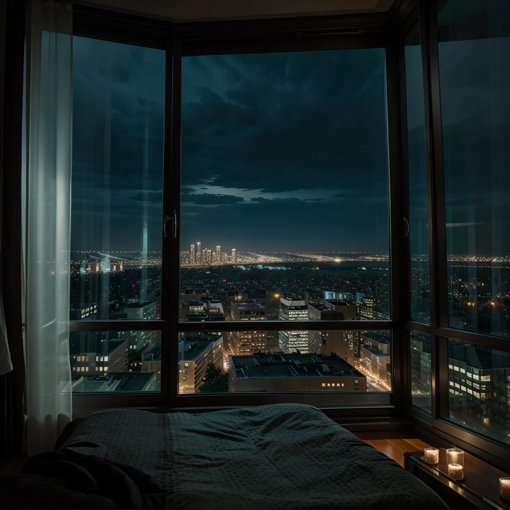 An apartment with large windows with a beautiful view of a city full of lights at night