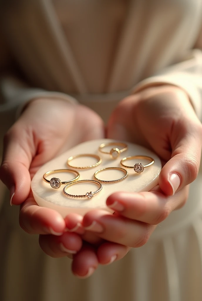 Create a space for me where there is a bearer with several gold engagement rings and precious stones , that the diamonds are small, one carat or less.5 carat and the gold ring should be thin and delicate like a normal engagement ring with diamonds that are not as large and exaggerated as a sample with some jewels.