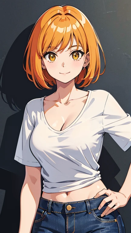 1girl, solo, Flipped-Out hair, orange hair, yellow eyes, short hair, looking at viewers, black t shirt v neck, best quality, highly quality, big fore head, smiling, Masterpiece, beautiful art, professional artist, 8k, very detailed face, very detailed hair, jeans, cleavage, cute smile, upper body, cowboy shot, medium breast, frekles, Anime style, simple backgrownd, smil, stiped shirt, long slevees, bellybotton,