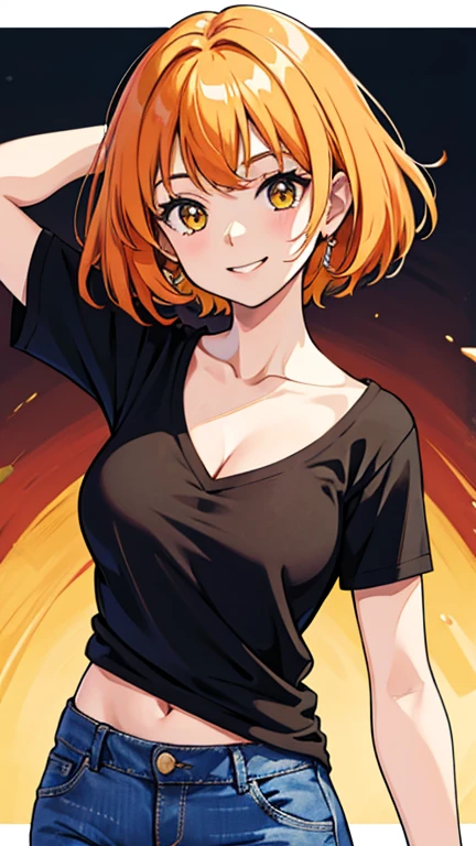 1girl, solo, Flipped-Out hair, orange hair, yellow eyes, short hair, looking at viewers, black t shirt v neck, best quality, highly quality, big fore head, smiling, Masterpiece, beautiful art, professional artist, 8k, very detailed face, very detailed hair, jeans, cleavage, cute smile, upper body, cowboy shot, medium breast, frekles, Anime style, simple backgrownd, smil, stiped shirt, long slevees, bellybotton, 