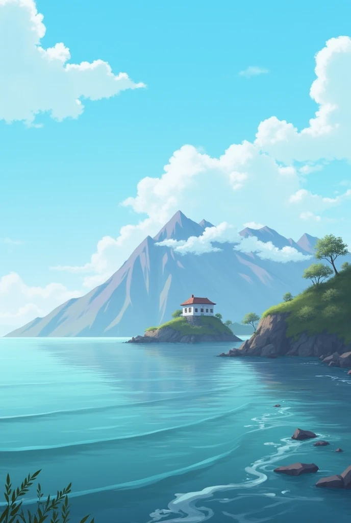 create a landscape of a sea, in this landscape you can see a mountain in the distance, and on that mountain there is a house