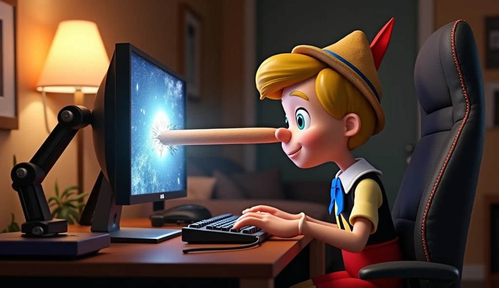 Im Stil von Pixar 3D-Animation filmen. Pinocchio with short blonde hair sits in front of a gaming PC with two monitors, a long lying nose has pushed through one of the monitors and destroyed it.