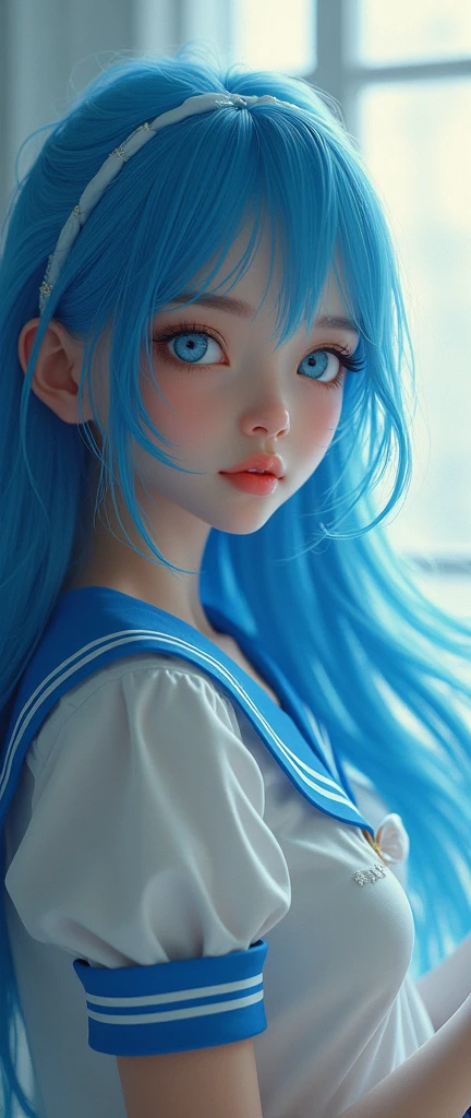 A beautiful girl with long blue hair in a sailor uniform, detailed face with large expressive eyes, detailed lips, long eyelashes, sailor moon, magical girl, fantasy, soft lighting, vibrant colors, cinematic composition, digital art, highly detailed, masterpiece, (best quality,4k,8k,highres,masterpiece:1.2),ultra-detailed,(realistic,photorealistic,photo-realistic:1.37)