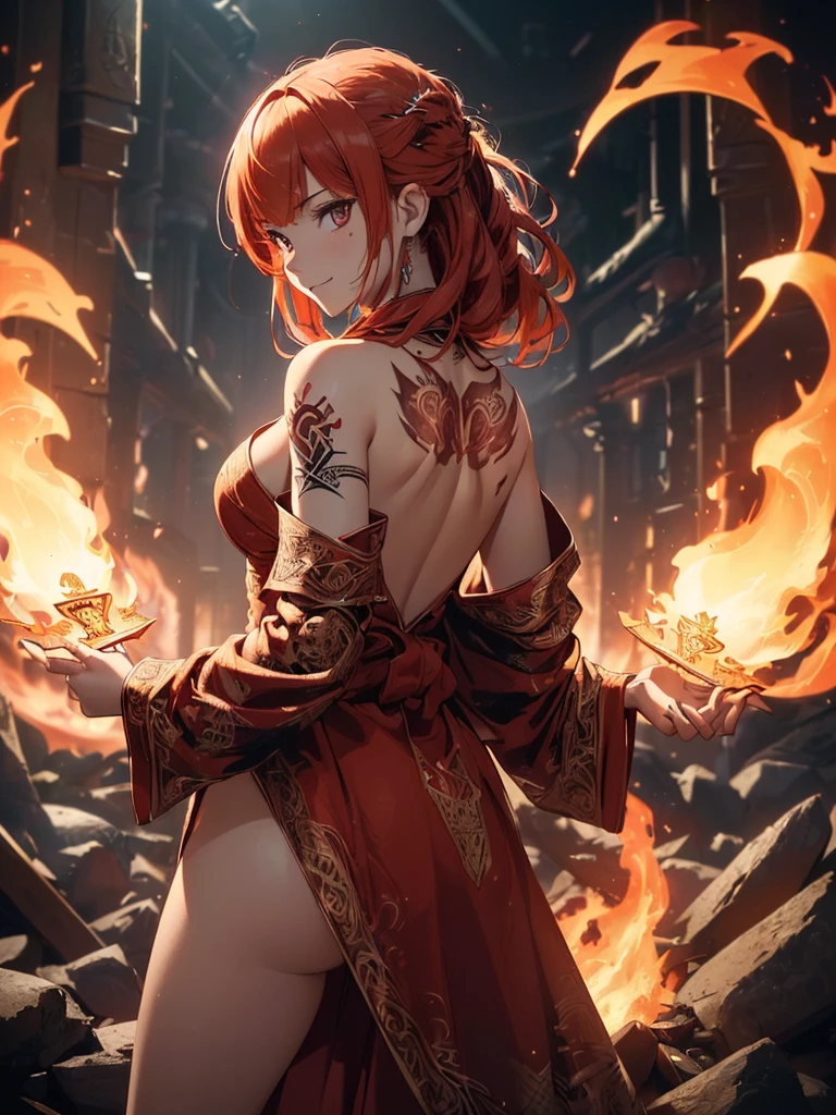 (((best quality, sharp image, clear image, cinematic lighting, 8k resolution, masterpiece, ultra detailed, intricate))) Girl, (((looking over left shoulder))), (shot from behind), fire mage, ((intricate background)), ((chaotic background)), red hair, smiling, ((flame runes, flame sigils)), (tatoo on back), slim figure, flying sigils, long dress, cute
