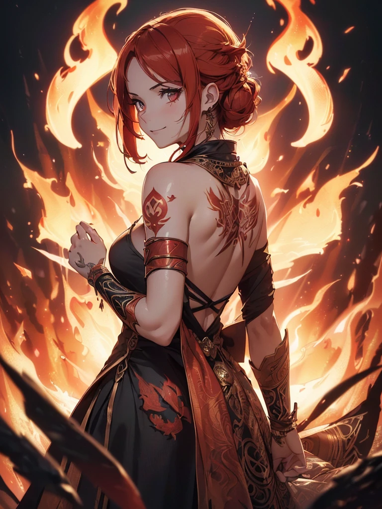 (((best quality, sharp image, clear image, cinematic lighting, 8k resolution, masterpiece, ultra detailed, intricate))) Girl, (((looking over left shoulder))), (shot from behind), fire mage, ((intricate background)), ((chaotic background)), red hair, smiling, ((flame runes, flame sigils)), (tatoo on back), slim figure, flying sigils, long dress, cute