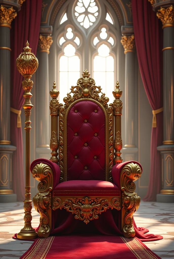 Throne and scepter in a luxurious castle with gold details