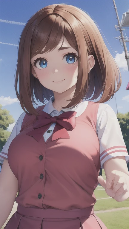 Tetas enormes, a cute girl with big blue eyes, beautiful detailed face, long eyelashes, pink cheeks, lovely expression, brown hair in a bob hairstyle, cheerful and optimistic, wearing a school uniform with a red bow tie, outdoor background with trees and blue sky, detailed realistic rendering, cinematic lighting, vibrant colors, digital art, concept art, highly detailed, 8k, photorealistic, ochako uraraka, con pechos grandes