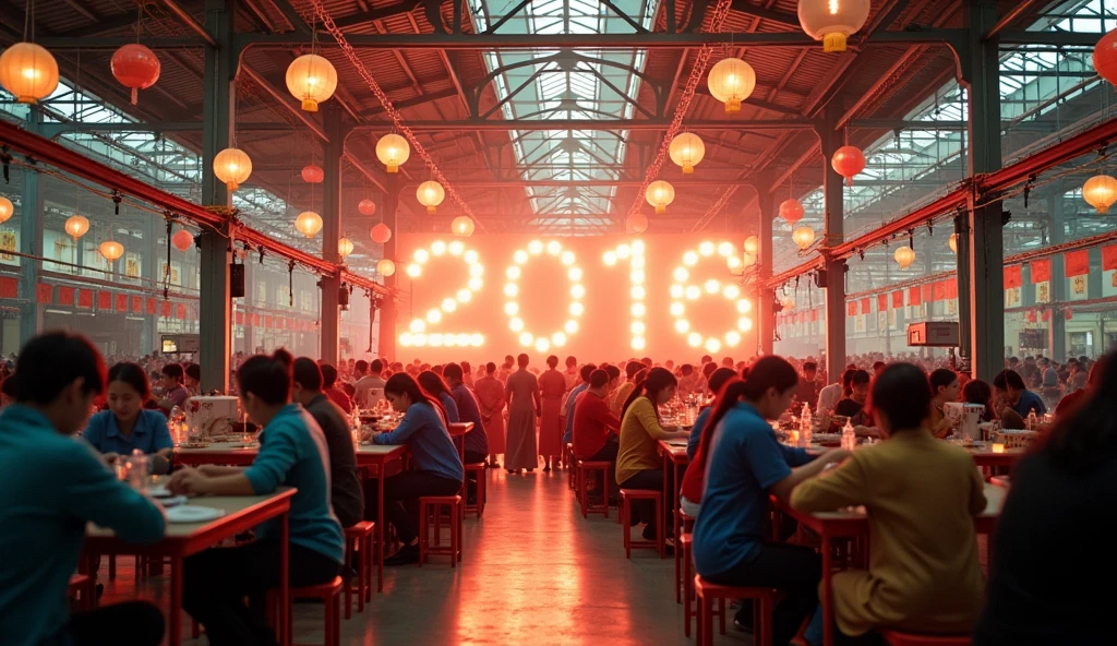 Vietnamese people. Garment factory. Make a photo of the New Year's Eve party in 2015. Wide shot. Make a picture of a party inside the factory. Make the text "2016" appear in the background