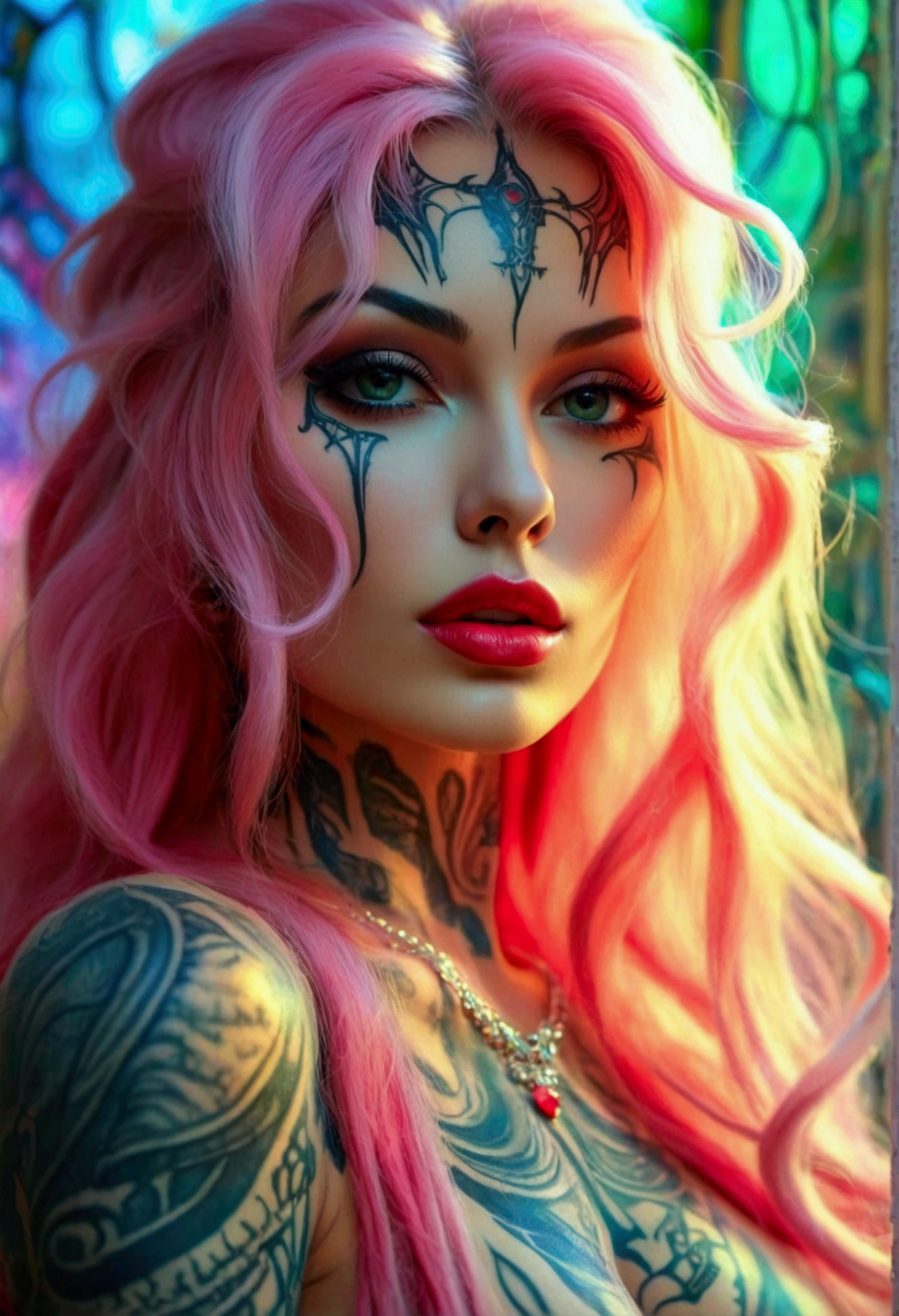 Create an image of the most stunningly gorgeous beautiful perfect sexy tattooed hrgiger girl, high detailed sexy stunning feminine face, perfect makeup, sexy seductive lips, lipstick, beautiful perfect hour glass body figure, long flowing hair, gigantic natural perky breasts, thin waist, curved hips, detailed silky smooth skin,