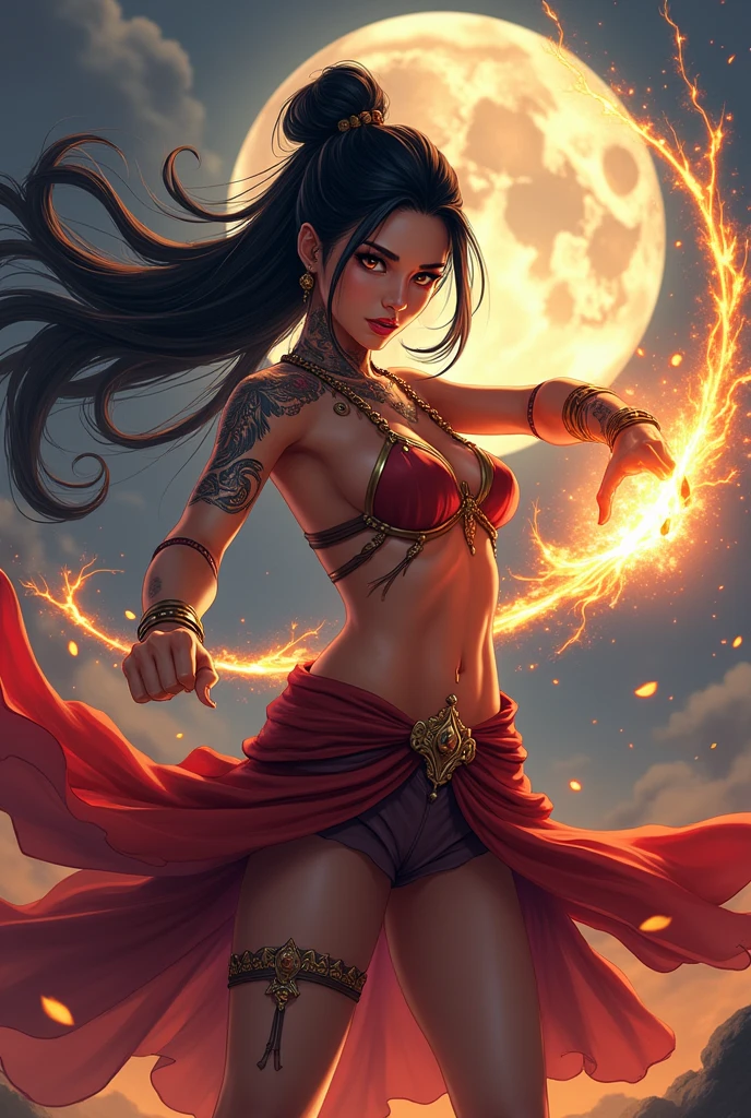 league of legends splash art, anime, magic the gathering, very colorful, beautiful southeast asian woman, black hair, big hair braids, fully clothed, she has tribal tattoos, striking a very dynamic pose, casting fireballs, lots of sparks flying through the air, full moon background