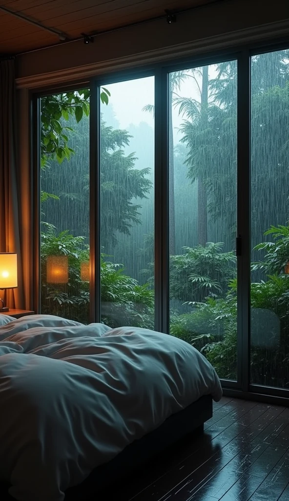 "A cozy bedroom with large, floor-to-ceiling windows that overlook a lush garden drenched in rain. The room is dimly lit with warm, ambient lighting, and the sound of raindrops pattering against the glass creates a soothing atmosphere.