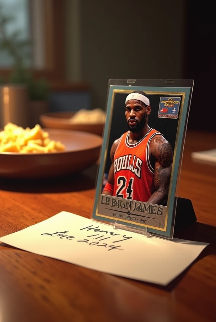 Lebron hot prospects 2008-9 Jersey card on a dinner table with a paper underneath it saying Henry illi Tue Aug 2024 very fine realistic finishing in 4k