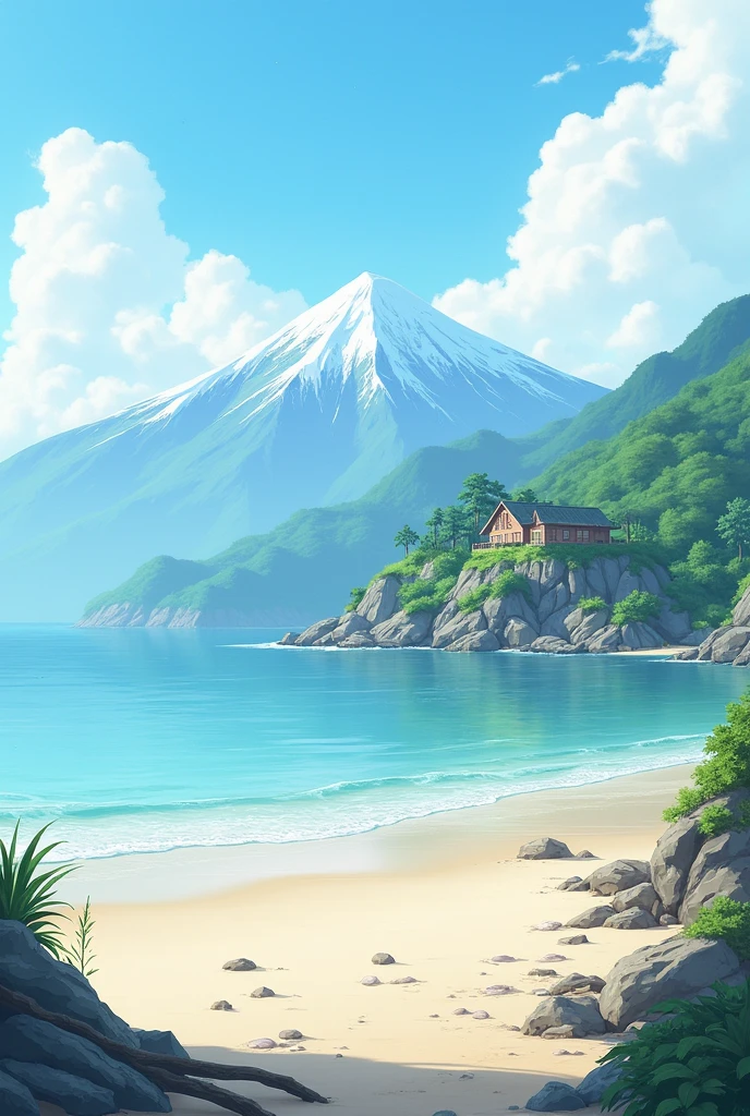 create a landscape of a beach, in this landscape you can see a mountain in the distance, and on that mountain there is a house