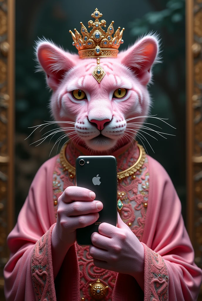 Image of a pink panther wearing a crown, wearing a dragon robe, with an emperor-like demeanor, covered in tattoos, holding an iPhone, taking a selfie in front of a mirror (image aspect ratio is horizontal rectangle)