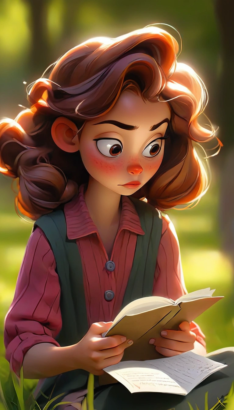 Girl reading a v small note in a park