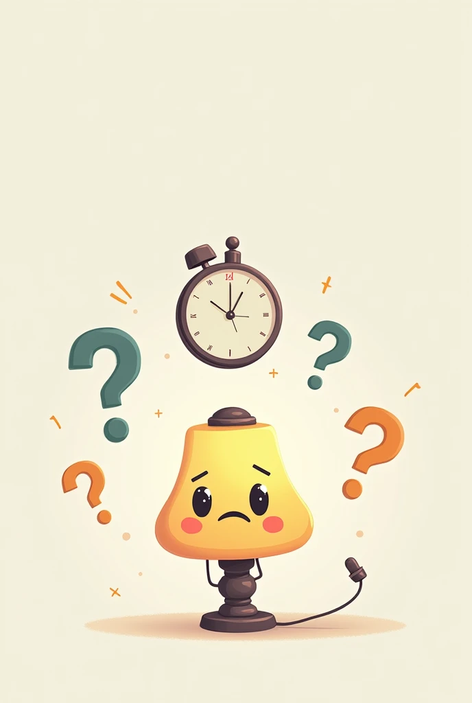 A quiz profile picture characters a lamp with cute worried face and clock and question marks around it

