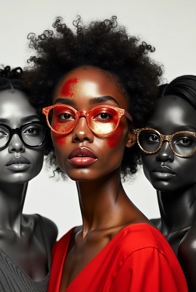 Magazine cover for optics, being three women and only the middle one is painted, with exorbitant red and gold colors, and tidy with the glasses, while the others are in black and white with various models of glasses but none painted either