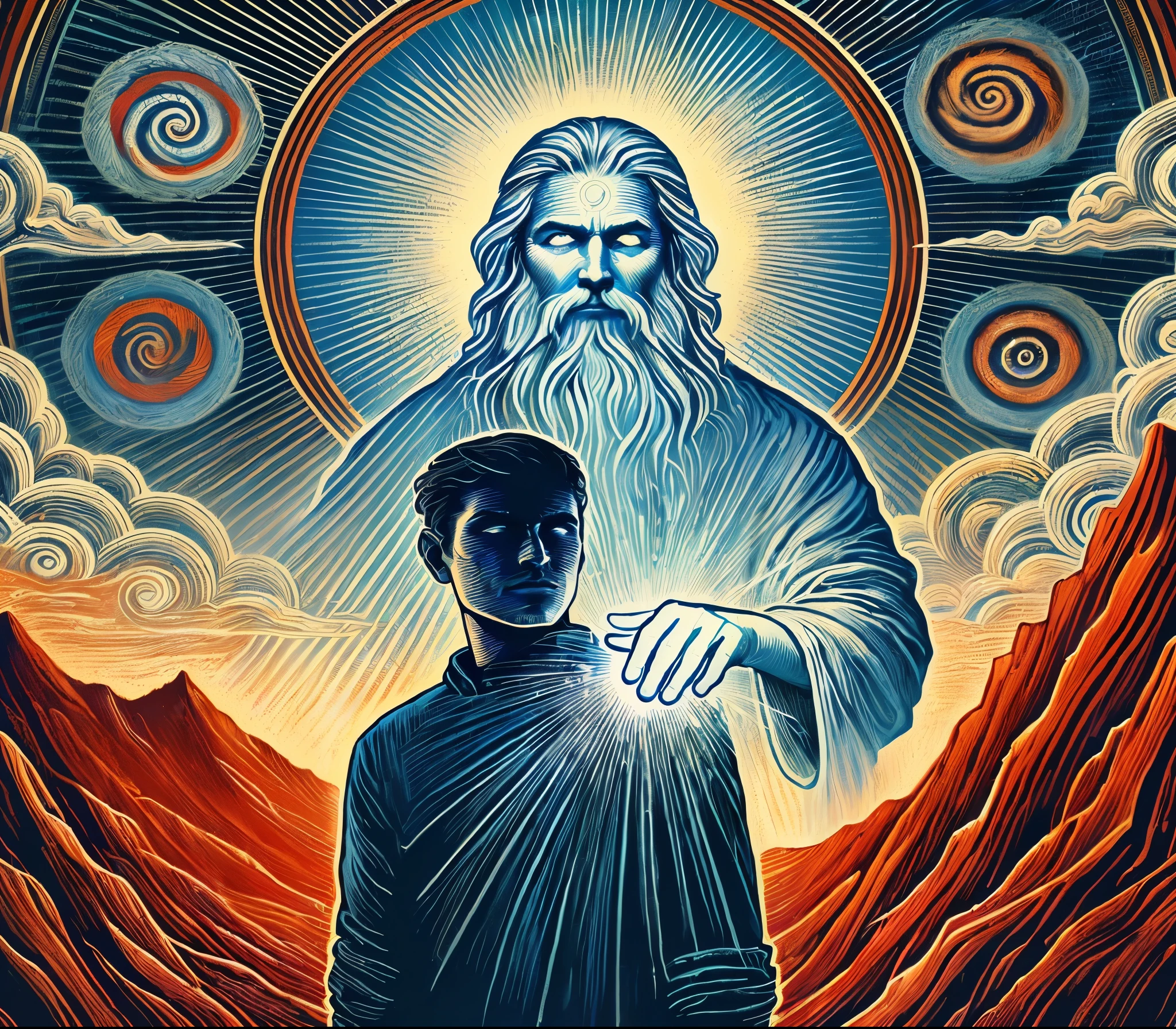 a close-up of a painting of a man holding a light, estilo and mumford e alex gray, The Bosco and Dan Mumford, por Justin Gerard, Alex Gray e Tim Hildebrandt, Anton Fadeev e Mumford, Virgil Finlaytim Hildebrandt, by Jason Benjamin, Cyril Rolando e M.W Kaluta