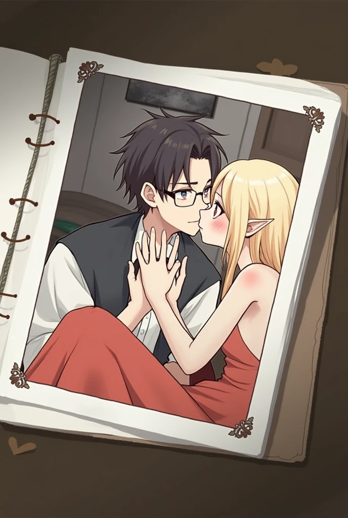 A beautiful necromancer mature girl and a handsome young boy, Black short disshalve hair with Brown eyes and glasses, the boy's skin is not so pale but white, his look is of love for his beloved, romantic couple in love kissing, blonde long-haired girl, big red eyes, elf ear with a red-colored earring not in her left ear,  her skin is not so pale but white, her eyes are with hearts, wearing long shirt without pants, in a room setting, masterpiece, best quality, absurdly high resolution