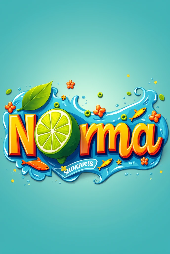 A banner for my cevicheria. is called: cevicheria-norma snacks. Instead of the 'o' that 'Norma' has, there should be a green sliced lemon. The letters should be in color or shades similar to blue and light blue and the background should match the letters.. Also put a fish on one of the letters since it is for a seafood restaurant.