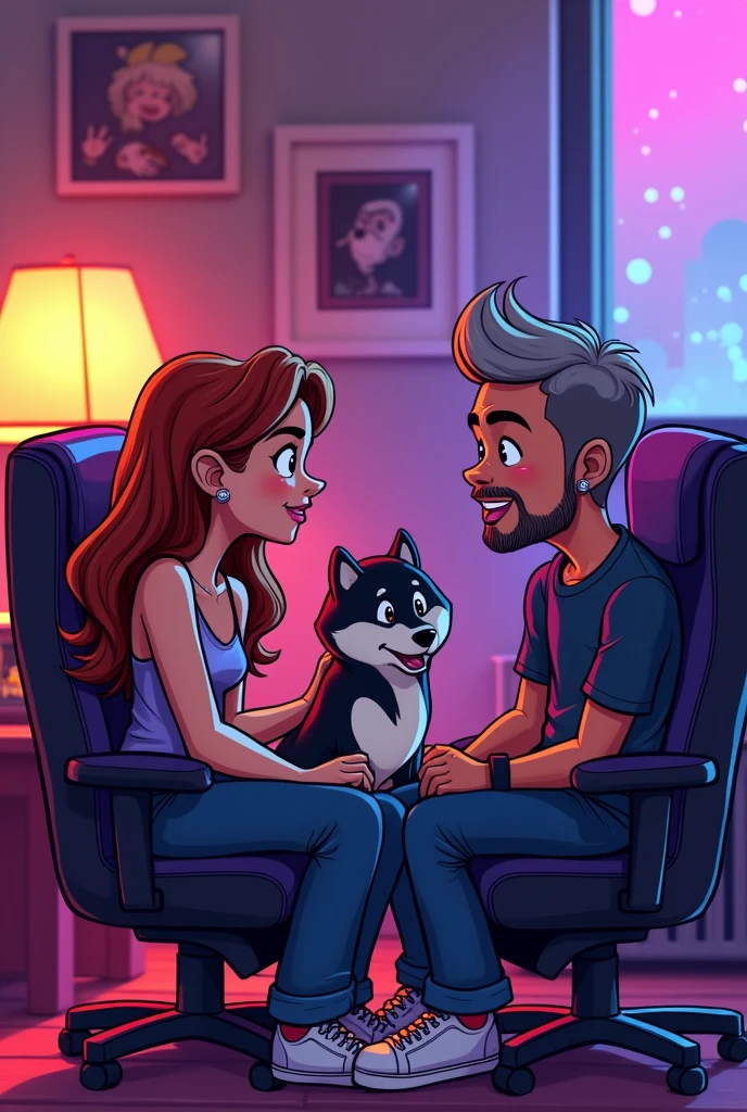 80's Synthwave style detailed cartoon, Create an image of two streamers sitting on gaming chairs in a cozy setup. The girl, 25, has long chestnut hair with blonde highlights and wears a sleeveless top. The man, 40, has short 10cm gray hair styled back, a beard, and wears a shirt. Between them is a Shiba Inu/Husky mix with short black and white fur and small tan patches. The atmosphere is warm and inviting, ideal for a Twitch channel.