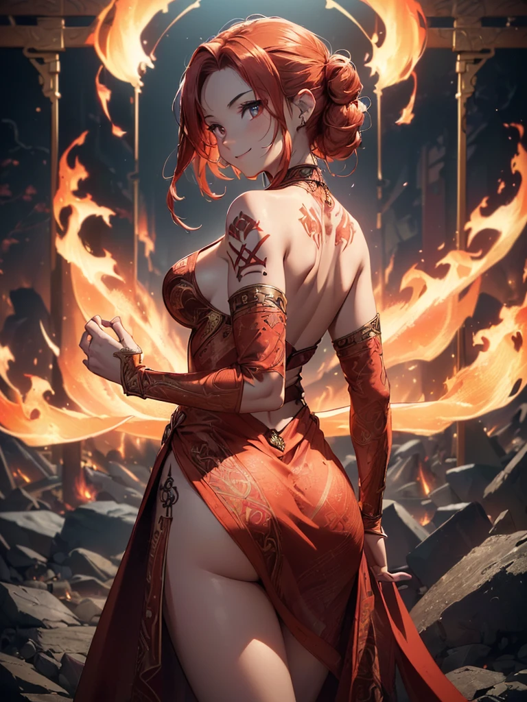 (((best quality, sharp image, clear image, cinematic lighting, 8k resolution, masterpiece, ultra detailed, intricate))) Girl, (((looking over left shoulder))), (shot from behind), fire mage, ((intricate background)), ((chaotic background)), red hair, smiling, ((flame runes, flame sigils)), (tatoo on back), slim figure, flying sigils, long dress, cute