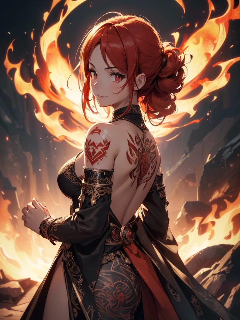 (((best quality, sharp image, clear image, cinematic lighting, 8k resolution, masterpiece, ultra detailed, intricate))) Girl, (((looking over left shoulder))), (shot from behind), fire mage, ((intricate background)), ((chaotic background)), red hair, smiling, ((flame runes, flame sigils)), (tatoo on back), slim figure, flying sigils, long dress, cute