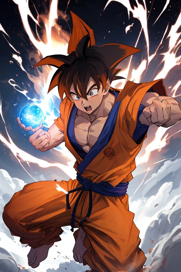 Goku captured mid-motion as he unleashes a Hamehameh energy wave, clenching his fists, eyes narrowed with determination, aura of pulsating energy enveloping him, traditional orange gi contrasting against a turbulent sky, dynamic angle showcasing the wave's enormity and impact, chiaroscuro highlighting the tension in his muscles, digital painting, dramatic lighting, ultra clear, 8k.