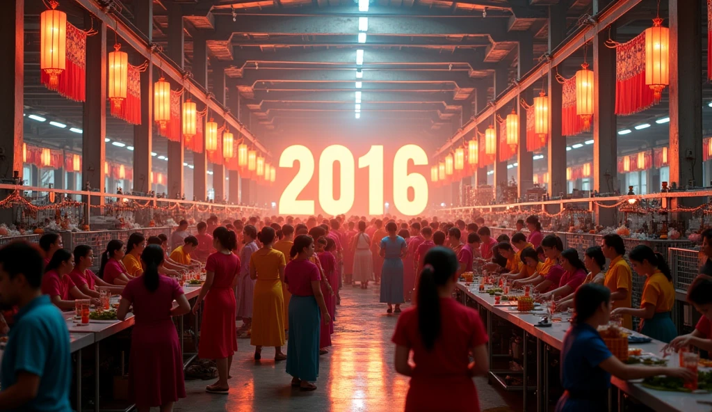 Vietnamese people. Garment factory. Make a photo of the New Year's Eve party in 2015. Wide shot. Make a picture of a party inside the factory. Make the text "2016" appear in the background