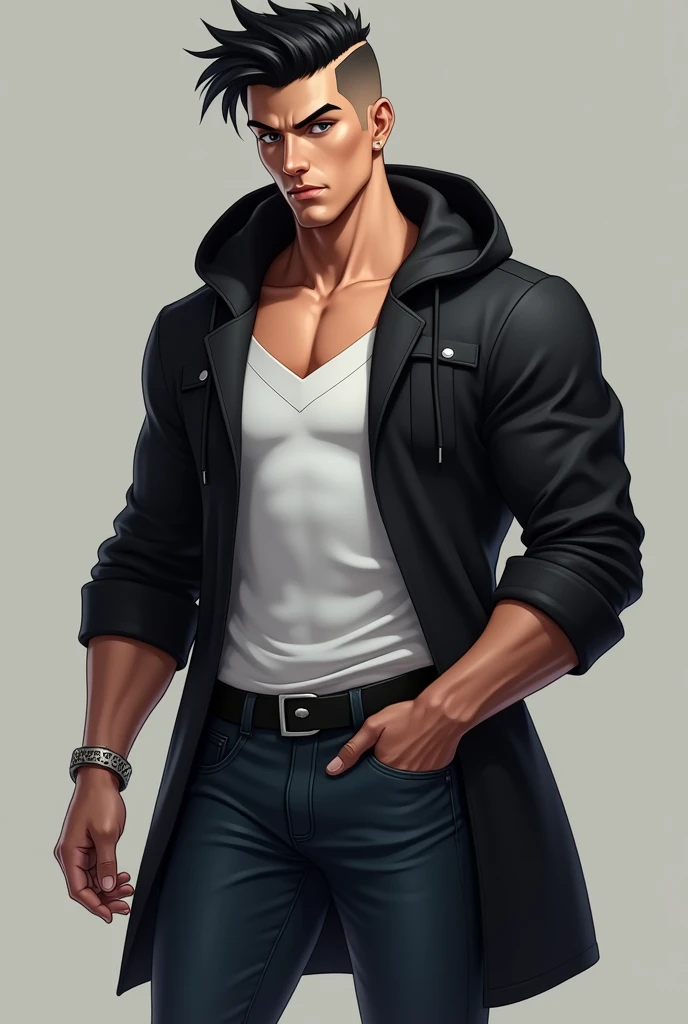 
 a man who is tall, handsome, and muscular young men with gray eyes, sharp facial features, and black hair with 
trendy short two block haircut. Wearing a white shirt and long hoodie black and black jean