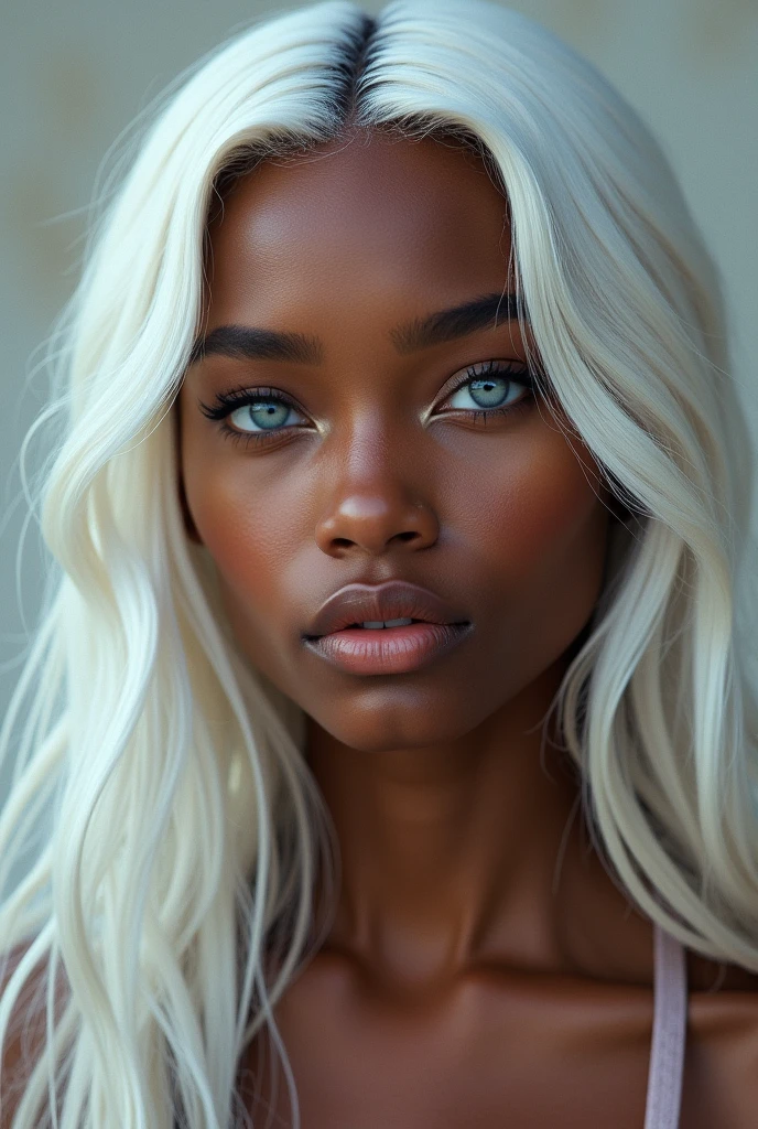 White haired girl of African descent, blue eyes and black, more human, marked jaw 