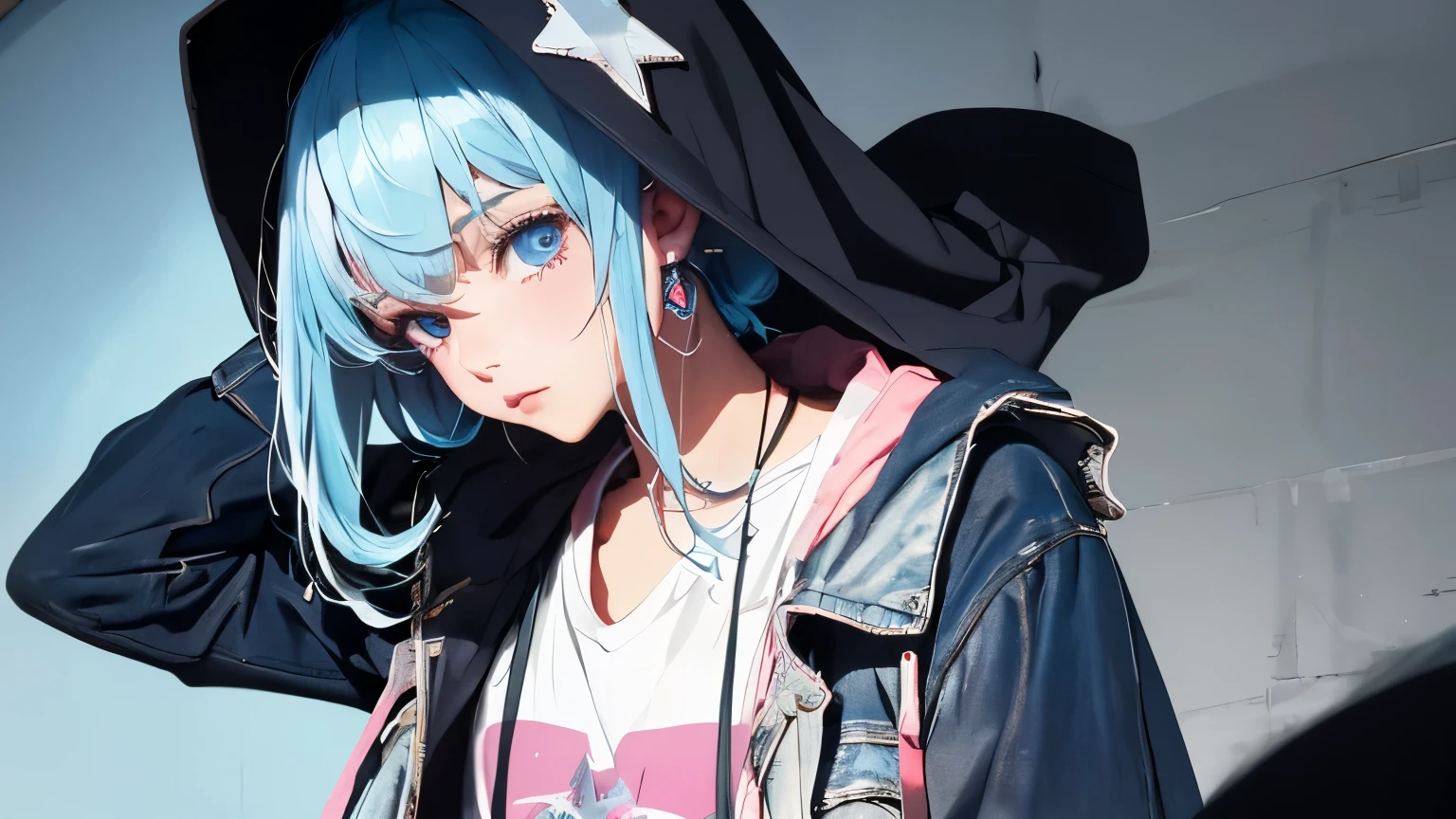 (Highest quality, Tabletop:1.2, Ultra-high resolution, Realistic:1.5), RAW Photos, One Girl, In the Dark, Deep Shadow, Low lighting, Cool tones, Captivating Gaze, Long Hair, Tied Hair, Subtle highlights, Dramatic contrast, (Dynamic Angle), ((1 female teen)), ((Plain and bright background)), ((Flat Color)),(Harajuku Street Style Fashion),(jeans), Looking at the audience, Upper Body, Transparent Background, High Contrast, Contrasting colors, Cowboy Shot, Pale pink and blue lighting, Light blue hair, Small star-shaped earrings in both ears, watch, bright eyeshadow, R-18, The belly button is visible, The upper body is wearing a hoodie, Wearing a hood, (Hair is not sticking out from the hood), (No hair sticking out of the hood), Harajuku Fashion