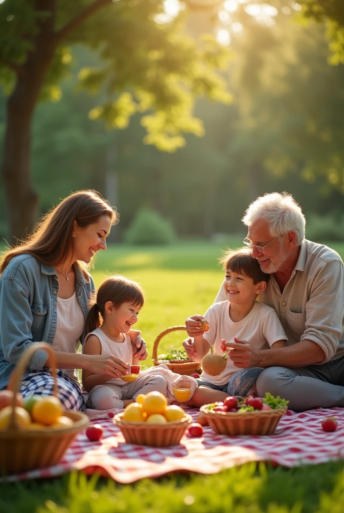 A family consisting of parents, children and grandparents are gathered at a picnic. They are sitting on a large plaid blanket spread out on the grass., surrounded by baskets of healthy food, fresh fruit, and natural juices, representing care for physical health and nutrition.

Physical Dimension: Family members participate in light physical activities, how to play ball, ride a bike or just walk together, promoting exercise and physical health.
Emotional Dimension: Everyone&#39;s faces express joy and contentment. A parent is hugging a child, while another helps the grandmother to get up, symbolizing emotional support and care between generations. Smiles and laughter are evident, reinforcing the emotional bond and emotional health.
Social Dimension: The image also shows the family interacting with friends or neighbors who are nearby., representing social involvement and the importance of support networks. Everyone shares the moment, strengthening social and community cohesion.
spiritual dimension: In a corner of the image, there may be a small table or altar with elements that represent the family&#39;s spiritual beliefs, like candles, flowers, or religious symbols. This suggests that, beyond physical and emotional care, there is a spiritual dimension being respected and integrated.