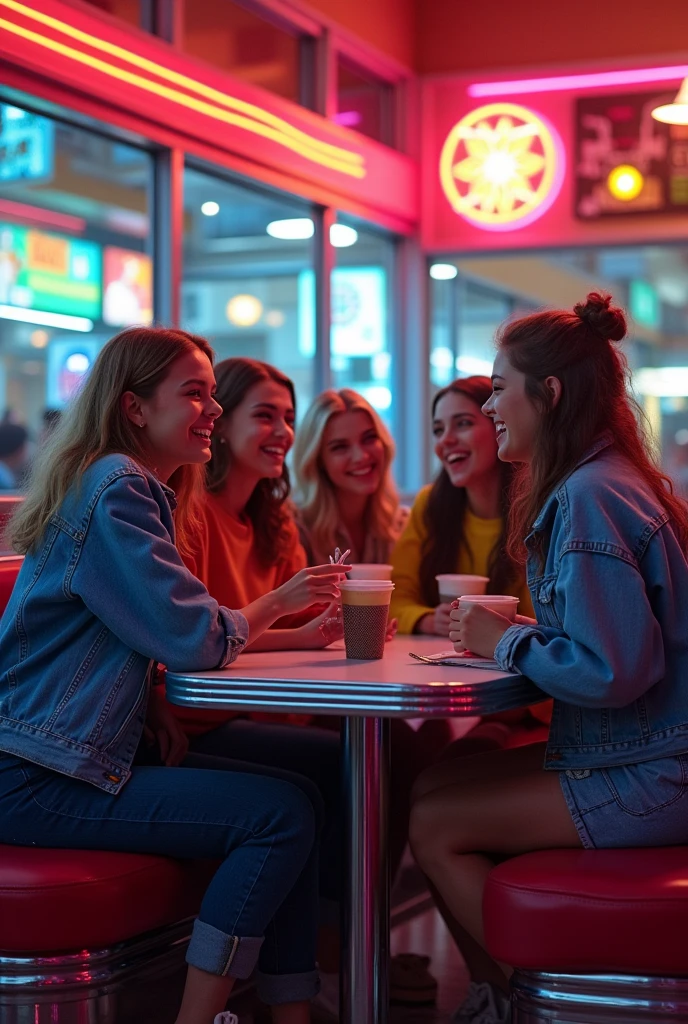 Teenagers in an 80s diner at night