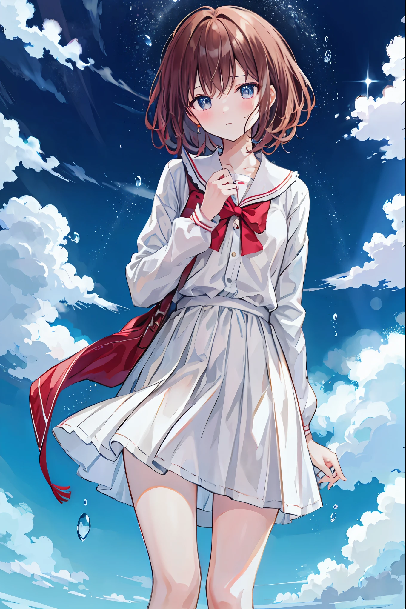 whole body、rain、Crying face、傘をささずrainに濡れている、Shortcuts、Anime Style、drawing,Brown Hair,Shortcuts,Messy Hair,Slender beauty,Small chest,Beautiful feet,White blouse,Jacket,Check tight skirt,cloud,rainに濡れる世界