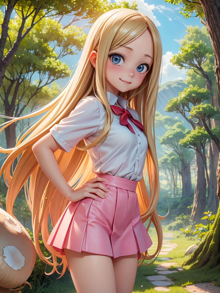 Takagi (Karakai Jōzu no Takagi-san) masterpiece, best quality:1.4), (8K), Young blonde beauty, (((18 years old, neat girl))), detailed blue eyes, long eyelashes, blush, kind smile, upper body, sñhuge tits nude, small ass, slender thin legs, pink skirt, (looking at viewer), beautiful blonde hair, white-skinned, long hair, bangs, (medium size breasts), (mushroom forest, celestial forest, beautiful and magnificent pink sunshine, majestic sky), colorful natural light)