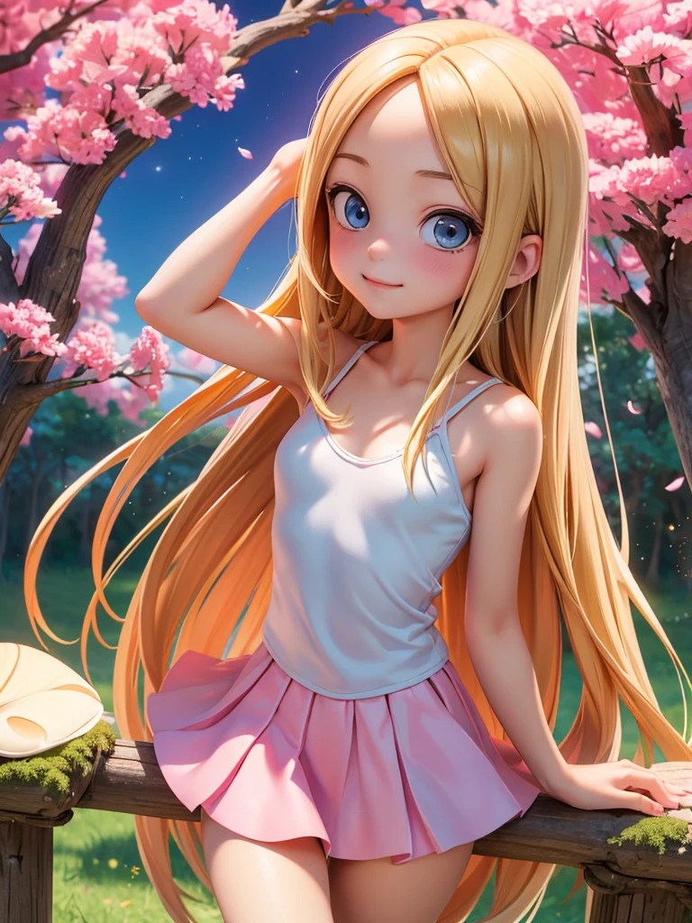 Takagi (Karakai Jōzu no Takagi-san) masterpiece, best quality:1.4), (8K), Young blonde beauty, (((18 years old, neat girl))), detailed blue eyes, long eyelashes, blush, kind smile, upper body, sñhuge tits nude, small ass, slender thin legs, pink skirt, (looking at viewer), beautiful blonde hair, white-skinned, long hair, bangs, (medium size breasts), (mushroom forest, celestial forest, beautiful and magnificent pink sunshine, majestic sky), colorful natural light)