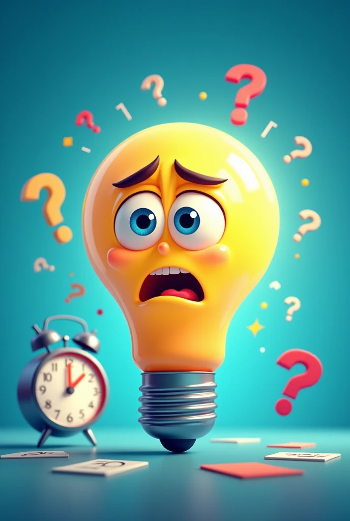 A quiz profile picture characters a light bulb with cute worried face and clock and question marks around Blue background with vibrant colors