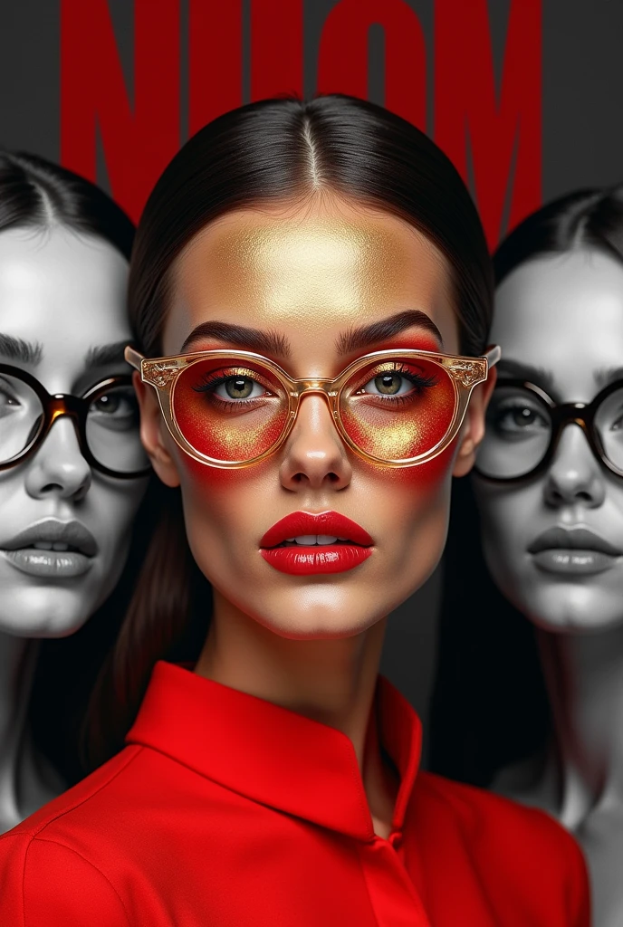Magazine cover for optics, being three women and only the middle one is painted, with exorbitant red and gold colors, and tidy with the glasses, while the others are in black and white with various models of glasses but none painted either
