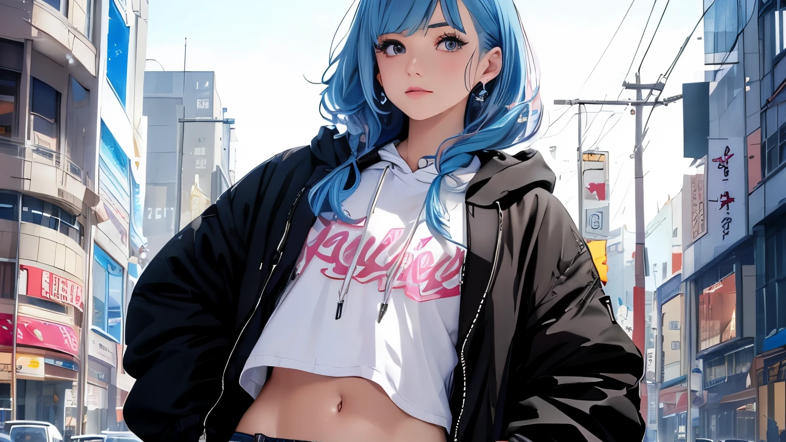 (Highest quality, Tabletop:1.2, Ultra-high resolution, Realistic:1.5), RAW Photos, One Girl, In the Dark, Deep Shadow, Low lighting, Cool tones, Captivating Gaze, Long Hair, Tied Hair, Subtle highlights, Dramatic contrast, (Dynamic Angle), ((1 female )), ((Plain and bright background)), ((Flat Color)),(Harajuku Street Style Fashion),(jeans), Looking at the audience, Upper Body, Transparent Background, High Contrast, Contrasting colors, Cowboy Shot, Pale pink and blue lighting, Light blue hair, Small star-shaped earrings in both ears, watch, bright eyeshadow, R-18, The belly butts visible, The upper body is wearing a hoodie, Wearing a hood, (Hair is not sticking out from the hood), (No hair sticking out of the hood), Harajuku Fashion