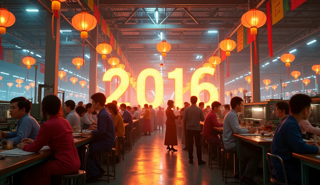 Vietnamese people. Garment factory. Make a photo of the New Year's Eve party in 2015. Wide shot. Make a picture of a party inside the factory. Make the text "2016" appear in the background