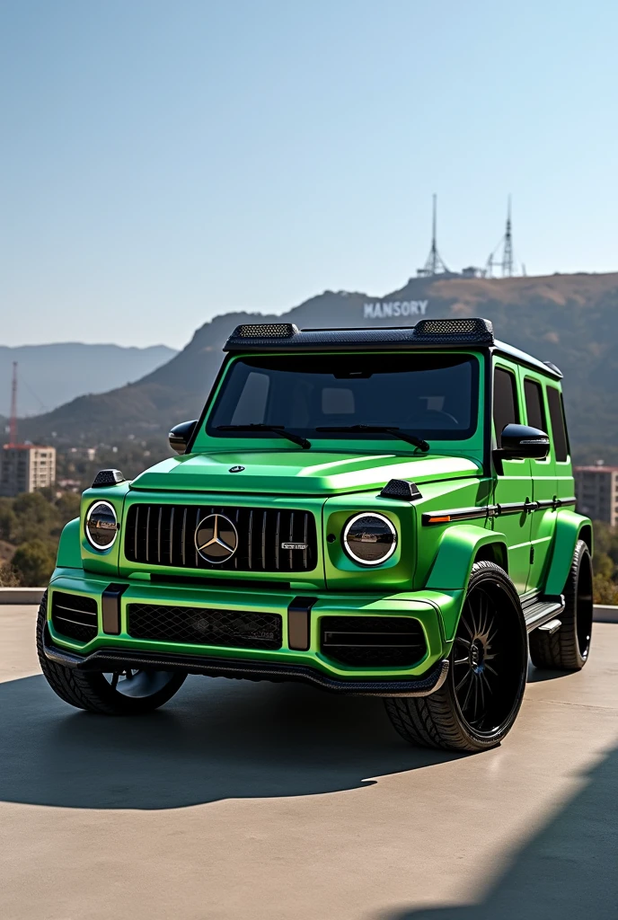 A green Mercedes-Benz g class customized by Mansoury next to the hollywood