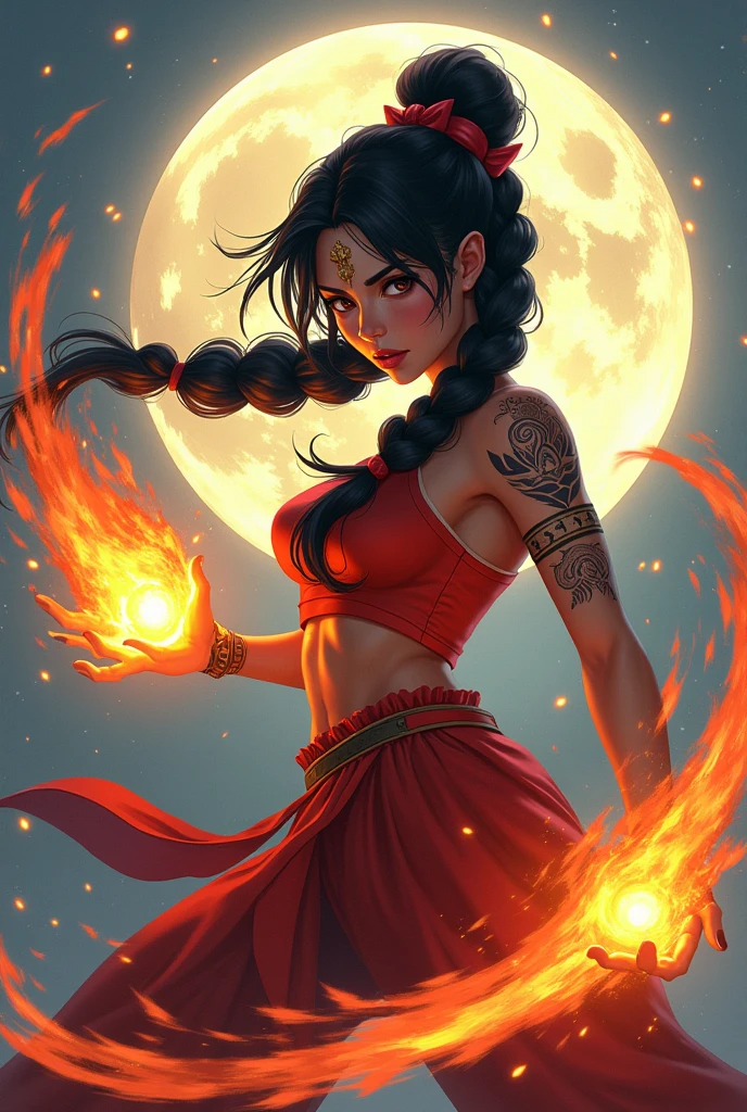 league of legends splash art, anime, magic the gathering, very colorful, fully clothed, southeast asian woman, black hair, big hair braids, she has tribal tattoos, striking a very dynamic pose, casting fireballs, lots of sparks flying through the air, full moon background