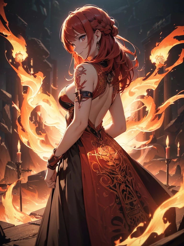 (((best quality, sharp image, clear image, cinematic lighting, 8k resolution, masterpiece, ultra detailed, intricate))) Girl, (((looking over left shoulder))), (shot from behind), fire mage, ((intricate background)), ((chaotic background)), red hair, smiling, ((flame runes, flame sigils)), (tatoo on back), slim figure, flying sigils, long dress, cute