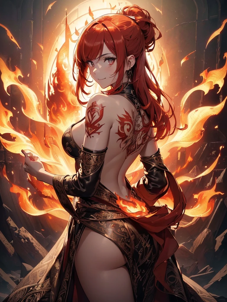 (((best quality, sharp image, clear image, cinematic lighting, 8k resolution, masterpiece, ultra detailed, intricate))) Girl, (((looking over left shoulder))), (shot from behind), fire mage, ((intricate background)), ((chaotic background)), red hair, smiling, ((flame runes, flame sigils)), (tatoo on back), slim figure, flying sigils, long dress, cute